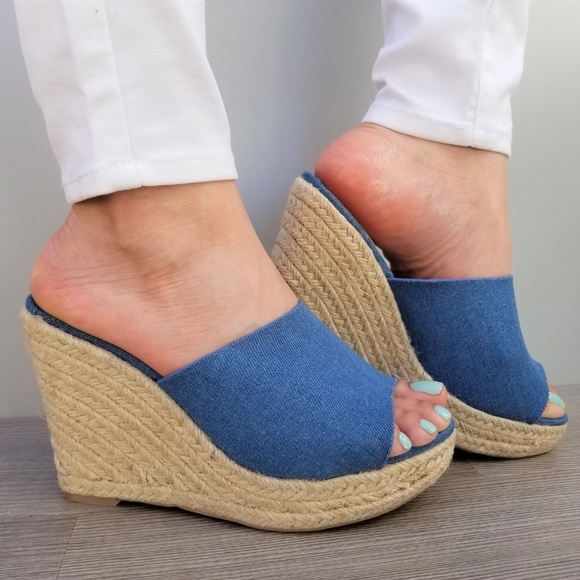 Blue Denim Slip On Espadrille Wedge Sandals-B - Picture 5 of 8